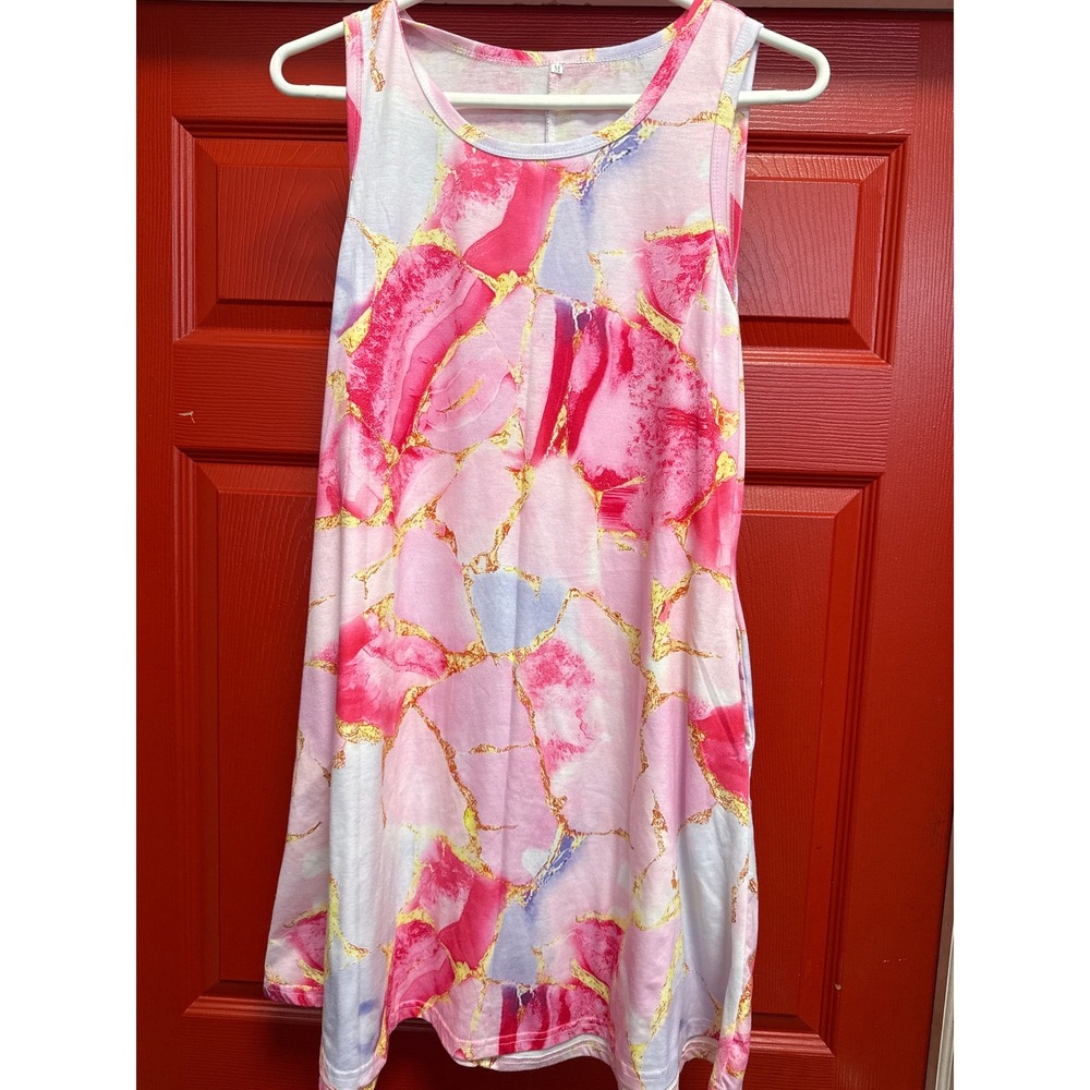 Pink Marble Print Sleeveless Shift Dress with Pockets Medium